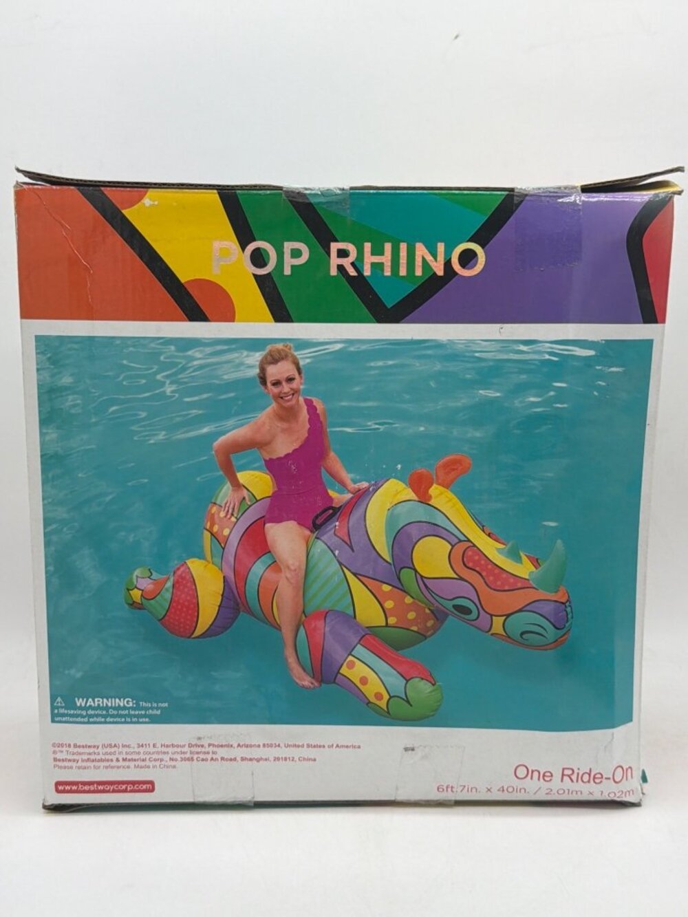 Pop Rhino Inflatable Pool Float Ride-On 6ft.7in. x 40in. Colorful Design By Best - Picture 3 of 4